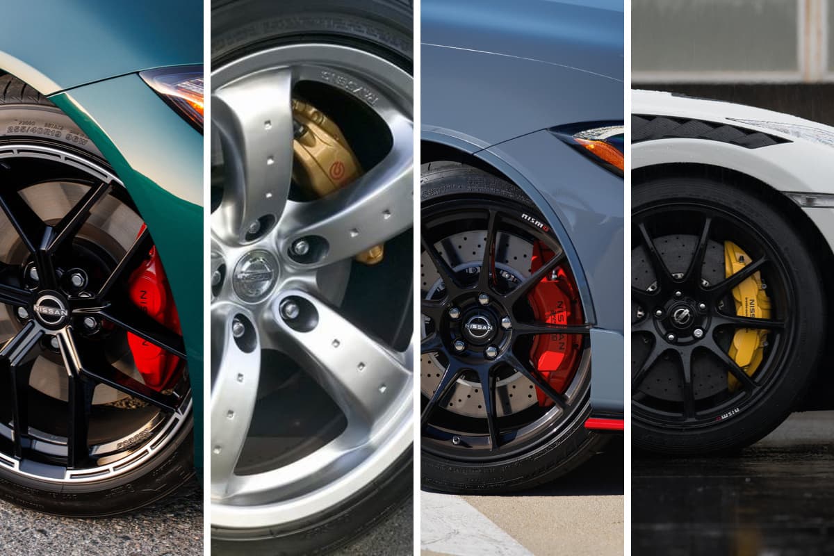 Four Nissan wheels side by side showing red, gold, red and yellow brake calipers